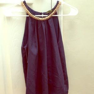 Navy blue sheer tank top w diamond chain neckline